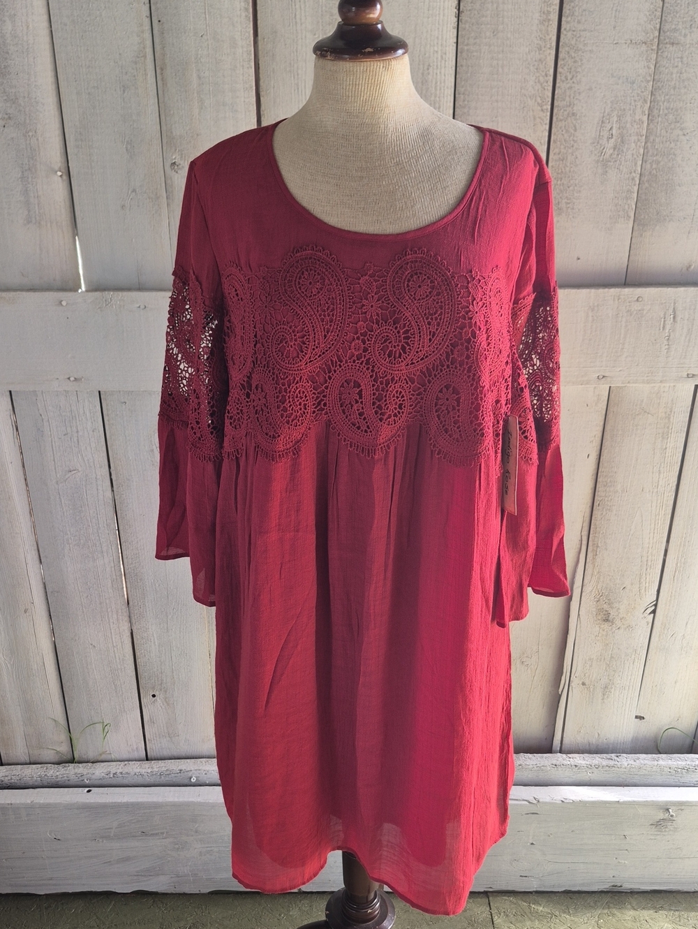Indigo Rose Burgundy Crochet-Detail Midi Dress